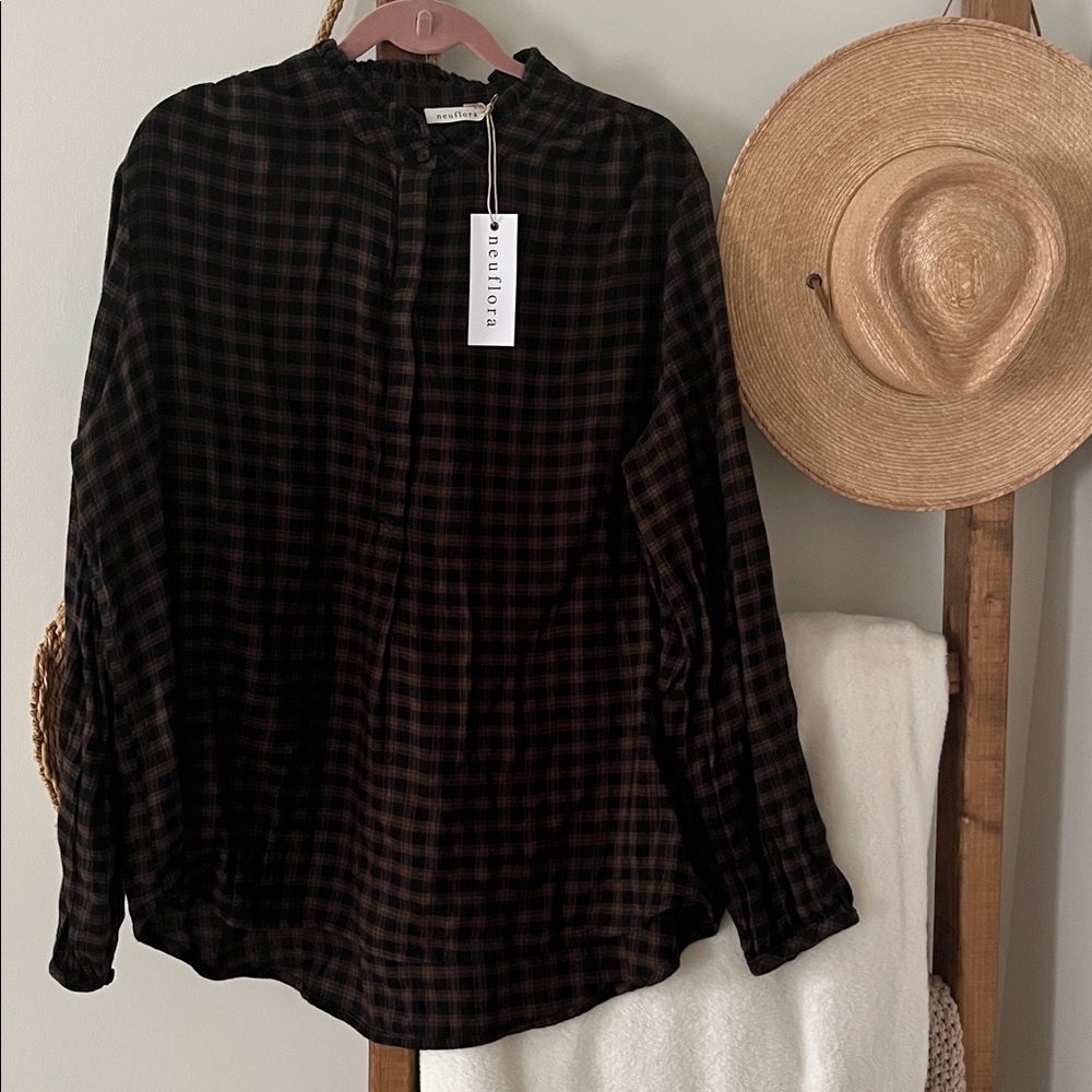 Neuflora Womens XL Brown Black Plaid Ruffle Neck Blouse Long Sleeve Tunic Top